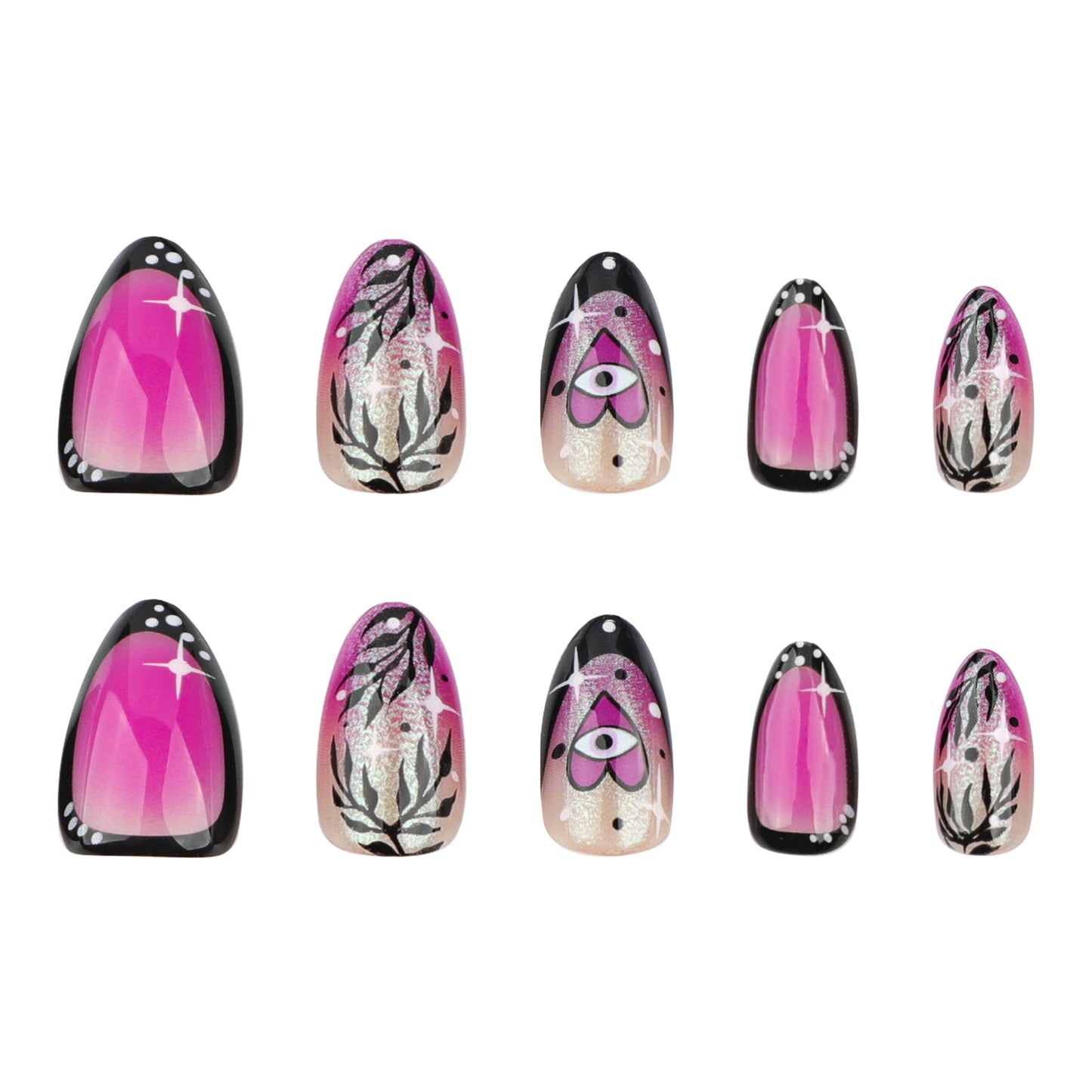 Mystical Garden Short AlmondPress On Nail Set in Ombré Shapes with Vibrant Pink and Black Design Featuring Eye-Catching Leaf Patterns