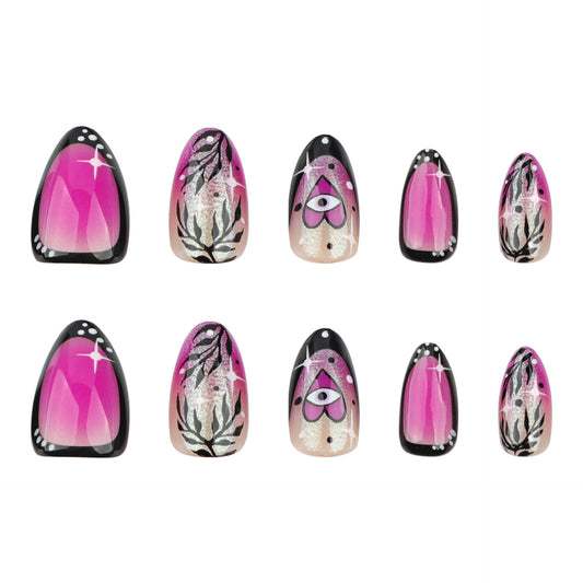Mystical Garden Short AlmondPress On Nail Set in Ombré Shapes with Vibrant Pink and Black Design Featuring Eye-Catching Leaf Patterns