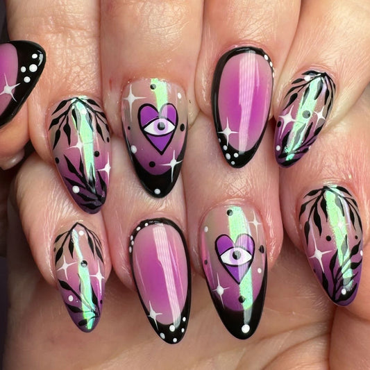 Mystical Charm Short Almond Purple Gradient Nails with Iridescent Heart Design