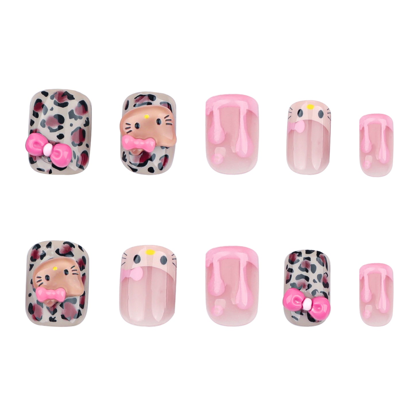 Playful Kitty Adventure Short Square Pink With Cute Bow And Leopard Print Press On Nail Set