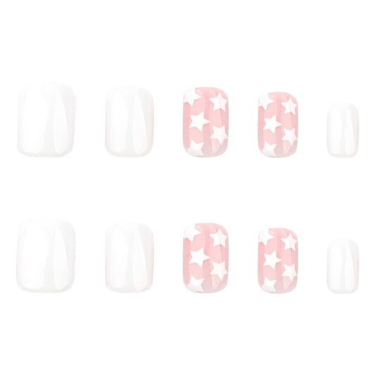 Starry Dreams Short Square Pink and White Press-On Nail Set with Charming Star Patterns