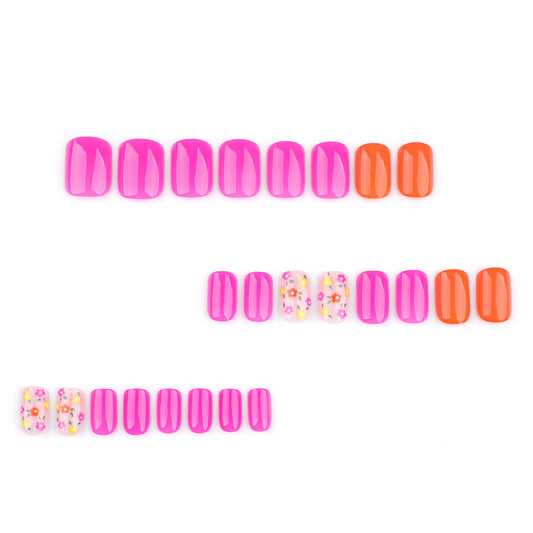 Tropical Vibes Short Square Pink and Orange Press On Nail Set with Floral Accents