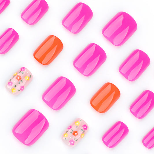Floral Fantasy Short Square Vibrant Pink and Orange Press on Nail Set with Whimsical Flower Accents