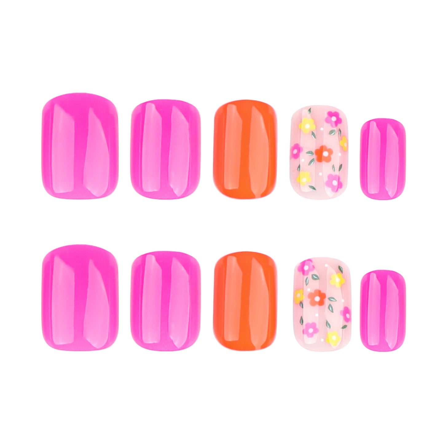 Floral Fiesta Short Square Hot Pink and Vibrant Orange Press On Nail Set with Delightful Flower Accents