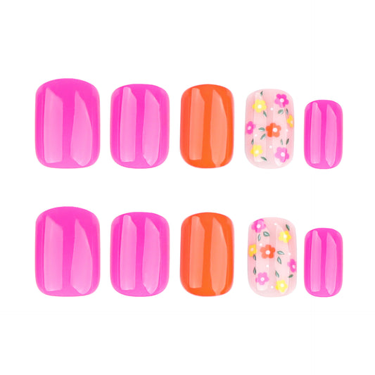 Floral Fiesta Short Square Hot Pink and Vibrant Orange Press On Nail Set with Delightful Flower Accents