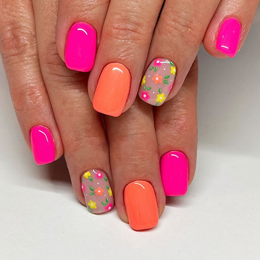 Floral Bliss Short Square Press On Nail Set in Neon Pink and Orange with Charming Flower Design