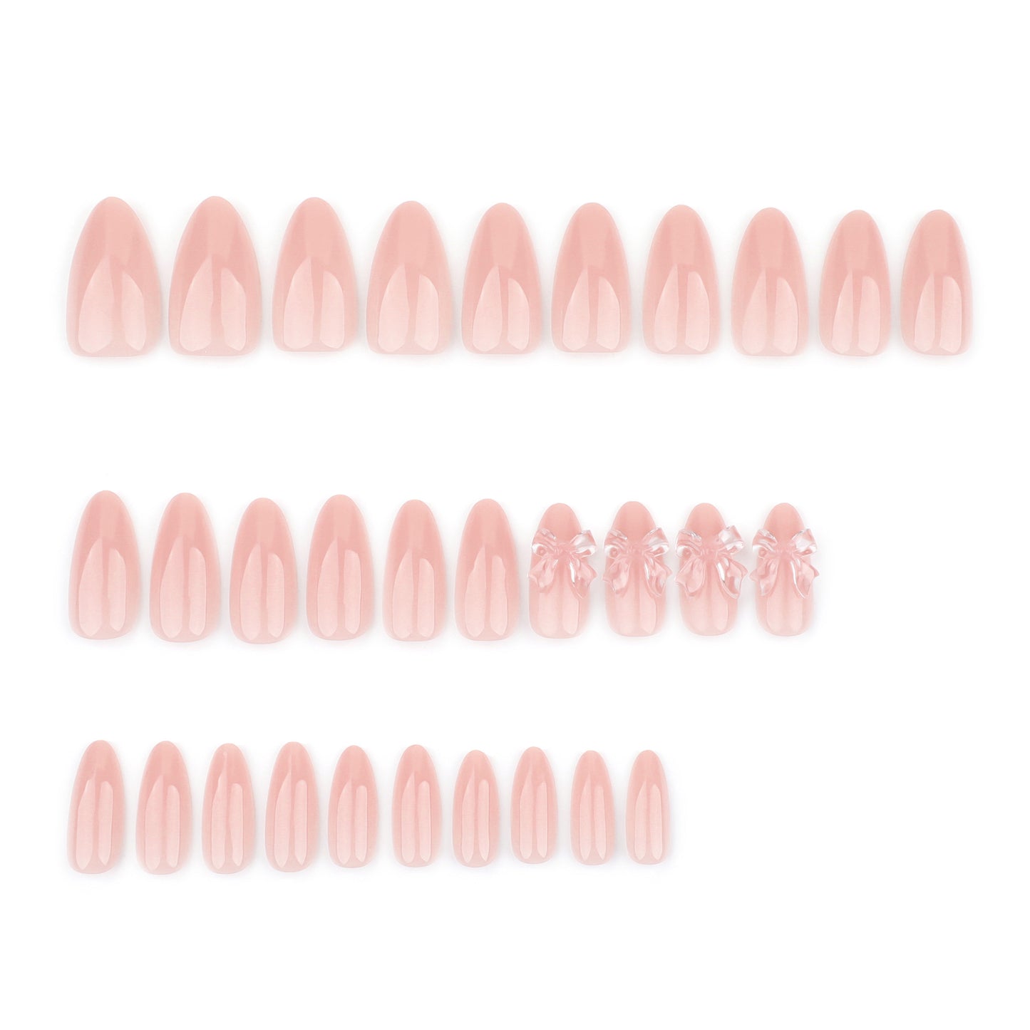A set of pink, almond-shaped false nails with floral accents