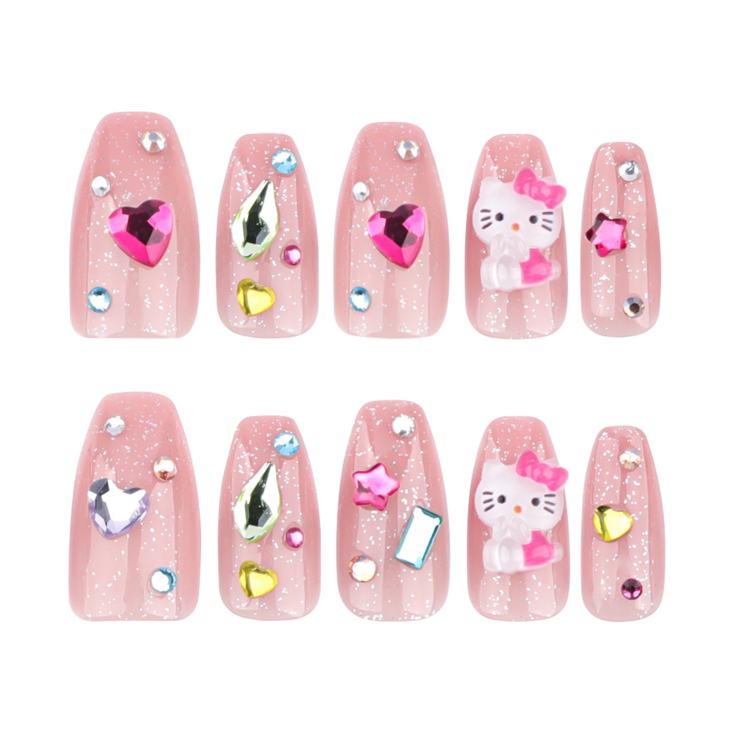 Whimsical Wonderland Medium Coffin Pink Glitter Press On Nail Set With Decorative Charms And Hello Kitty Accent
