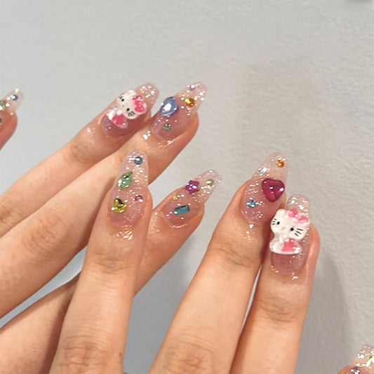 Charming Cat Theme Long Glittery Coffin Shaped Pink And Clear Nail Set With Fun Three Dimensional Decorations