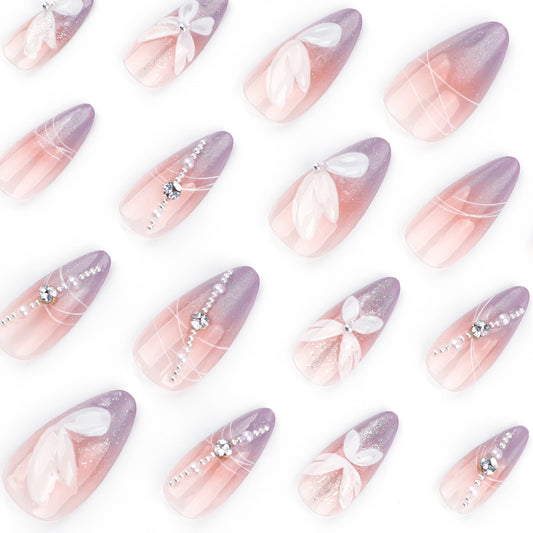Whimsical Garden Dream Press On Nail Set Short Almond Shape Soft Pink and Lavender with Floral Design and Sparkling Accents