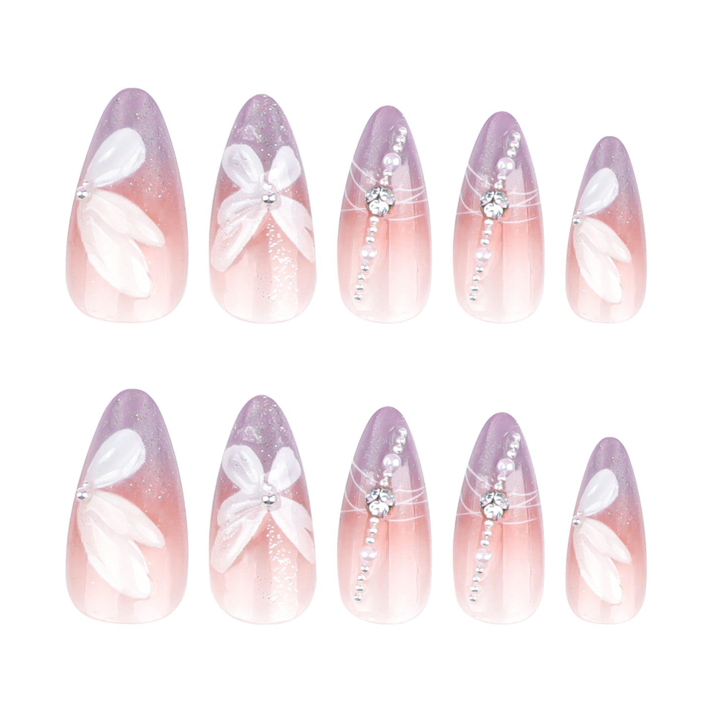 Enchanting Garden Dreamcatcher Stunning Ombre Gradient Short Almond Shaped Lavender and Pink with Floral Accents and Sparkling Embellishments Press On Nail Set