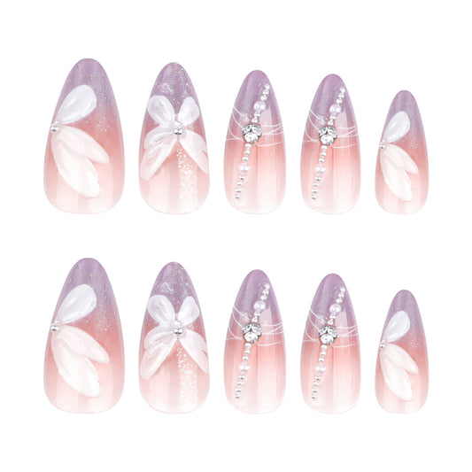 Enchanting Garden Dreamcatcher Stunning Ombre Gradient Short Almond Shaped Lavender and Pink with Floral Accents and Sparkling Embellishments Press On Nail Set