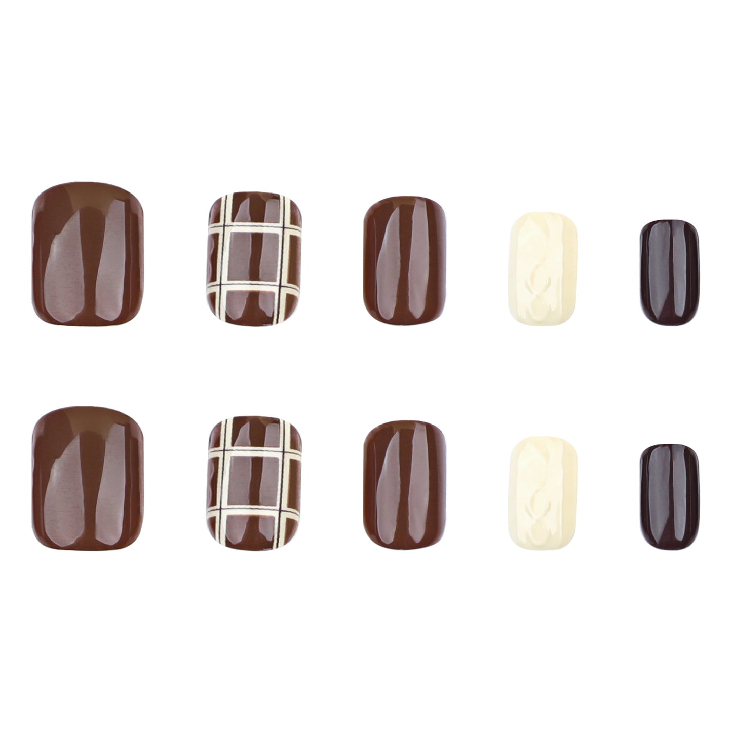 Chic Chocolate Delight Short Square Brown Nail Set with Unique Ivory and Plaid Accent Design