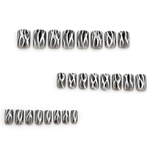 Glamorous Nightfall Short Square Shaped Long Length Charcoal Gray with Striking Silver Swirl Design Press on Nail Set