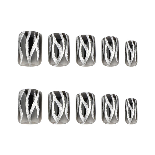 Glamorous Night Press On Nail Set Bold Short Square Black and Silver Striped Design