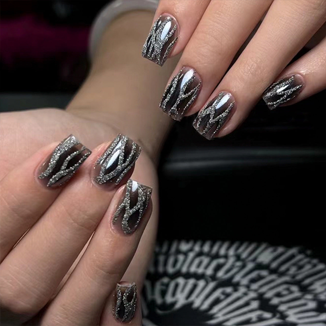 Glamorous Safari Short Square Press On Nails in Glittering Silver with Unique Wavy Design