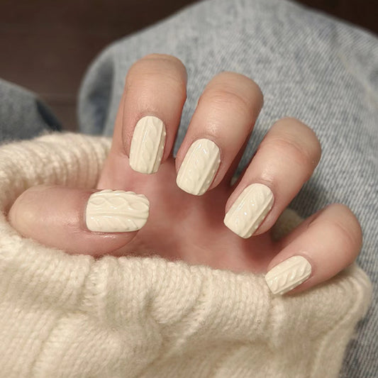 Cozy Knit Cream Short Square Press On Nail Set with Textured Cable Design