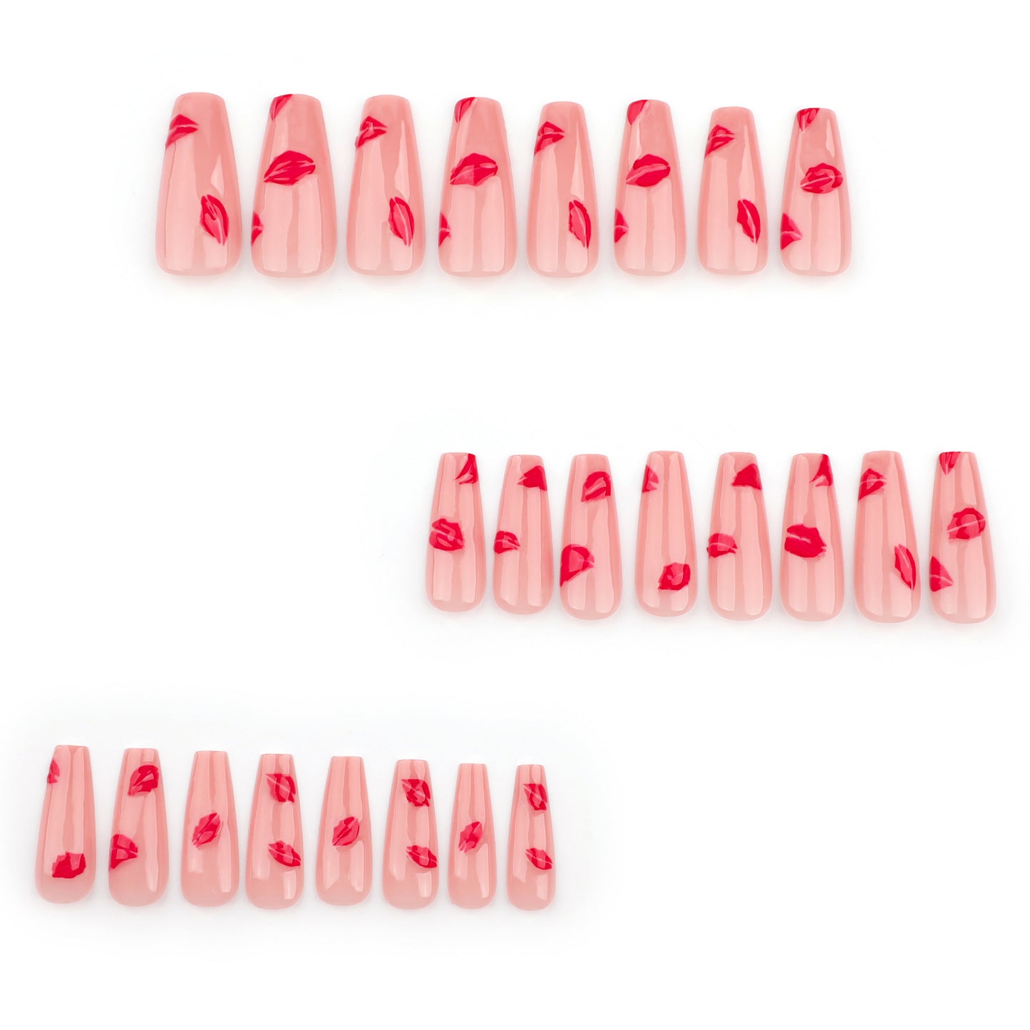 Romantic Kiss Inspired Long Square Pink Press On Nail Set with Lip Print Design