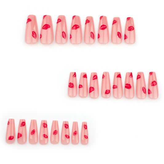 Romantic Kiss Inspired Long Square Pink Press On Nail Set with Lip Print Design