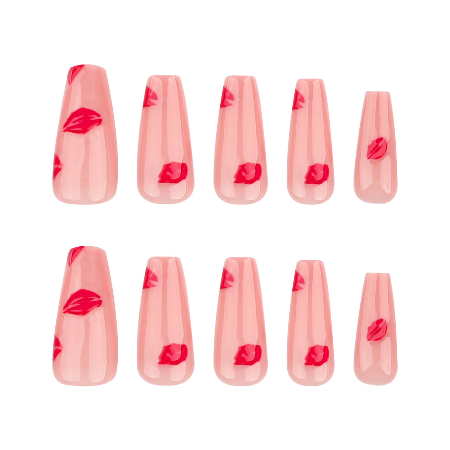 Charming Kiss Inspired Long Coffin Shaped Soft Pink Press On Nail Set with Lip Print Design