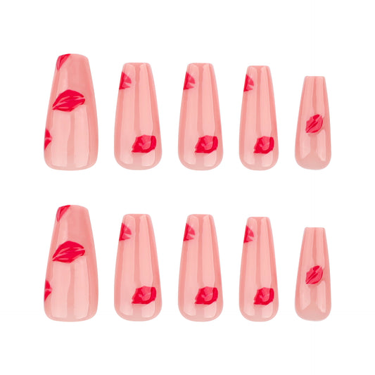 Charming Kiss Inspired Long Coffin Shaped Soft Pink Press On Nail Set with Lip Print Design