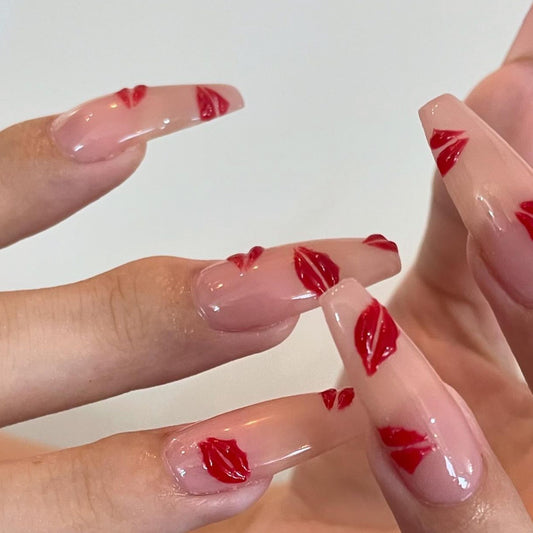 Romantic Kiss Inspired Long Coffin Pink Press On Nail Set with Glossy Finish and Cute Lip Print Design