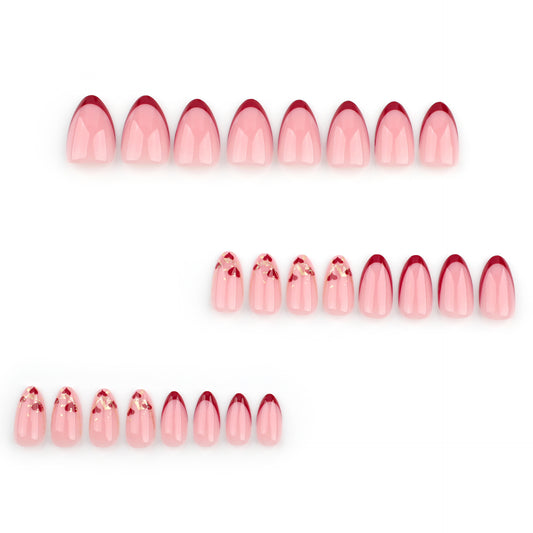 Charming Romance Short Almond Pink Press on Nail Set with Glossy Red Tips and Elegant Heart Accents