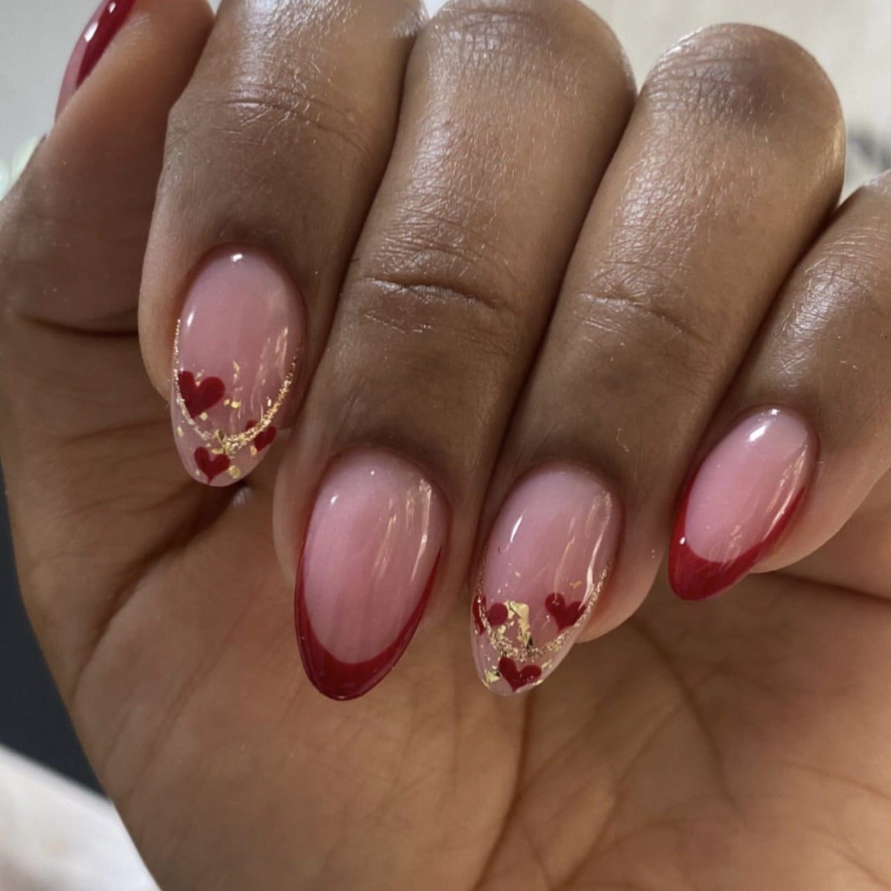 Romantic Elegance Short Almond Shaped Soft Pink with Red Tips and Charming Heart Accents Press on Nail Set