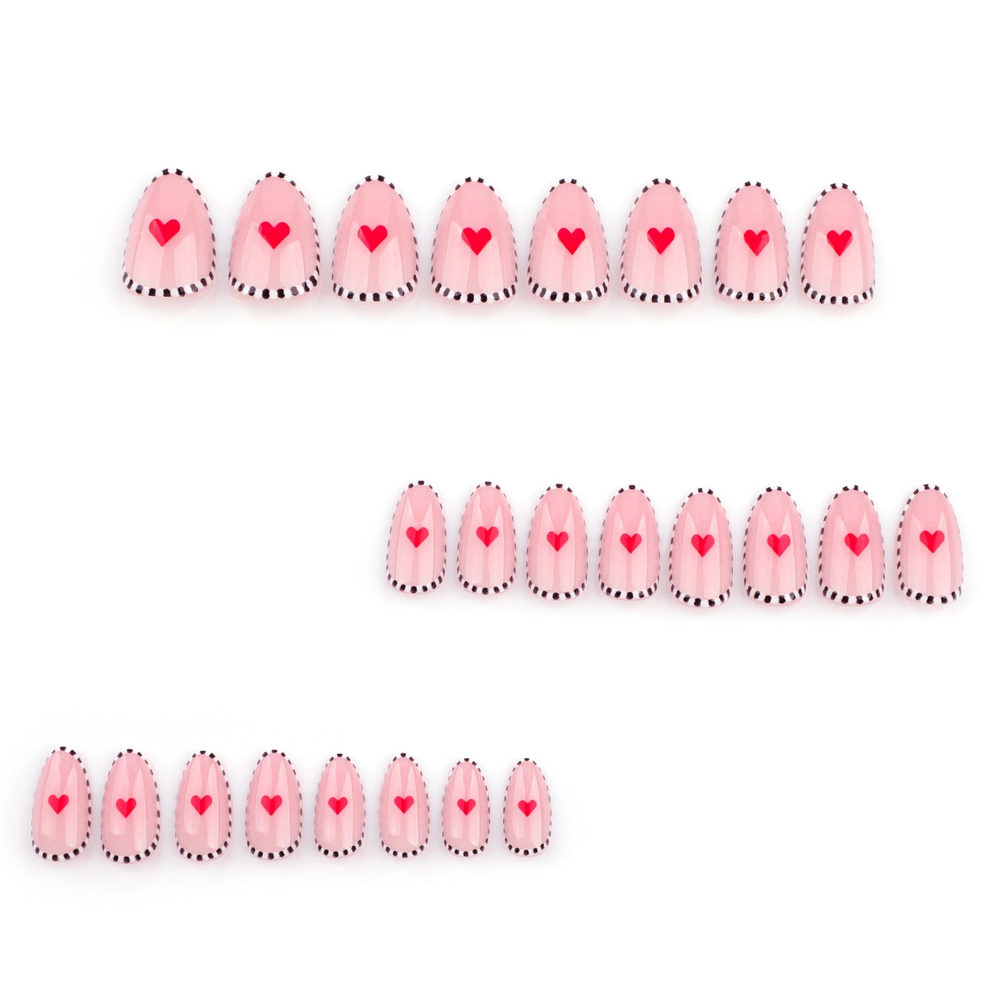 Charming Heartbeat Short Almond Pink Nails with Black Trim and Heart Accents