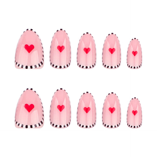 Sweetheart Delight Press On Nail Set in Pink Medium Almond Shape with Heart Design and Dotted Edges