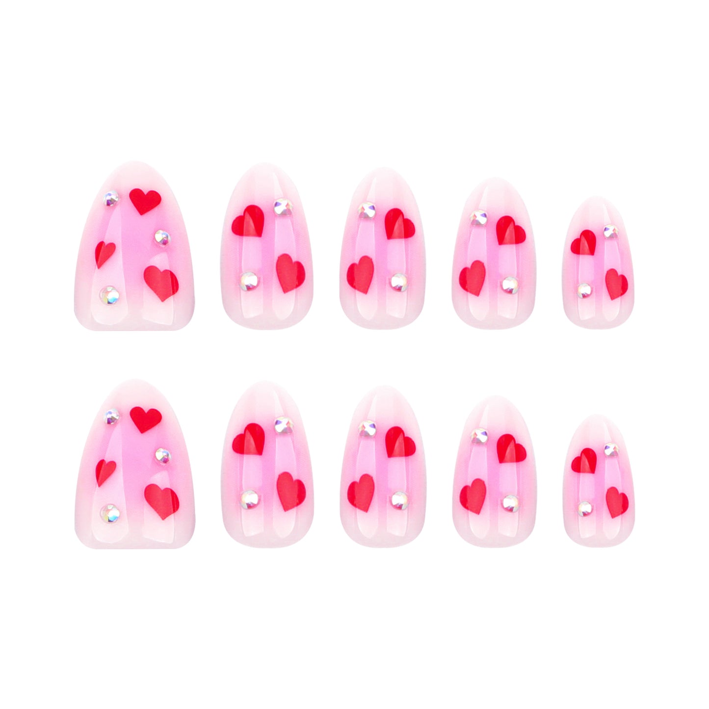 Romantic Affair Press On Nail Set Short Almond Pink with Heart and Gem Accents