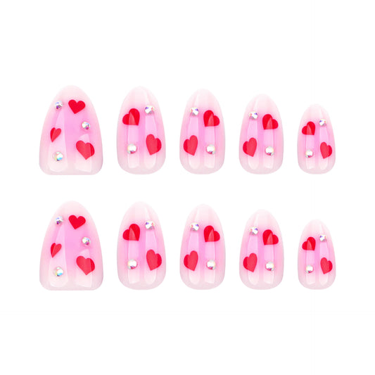 Romantic Affair Press On Nail Set Short Almond Pink with Heart and Gem Accents