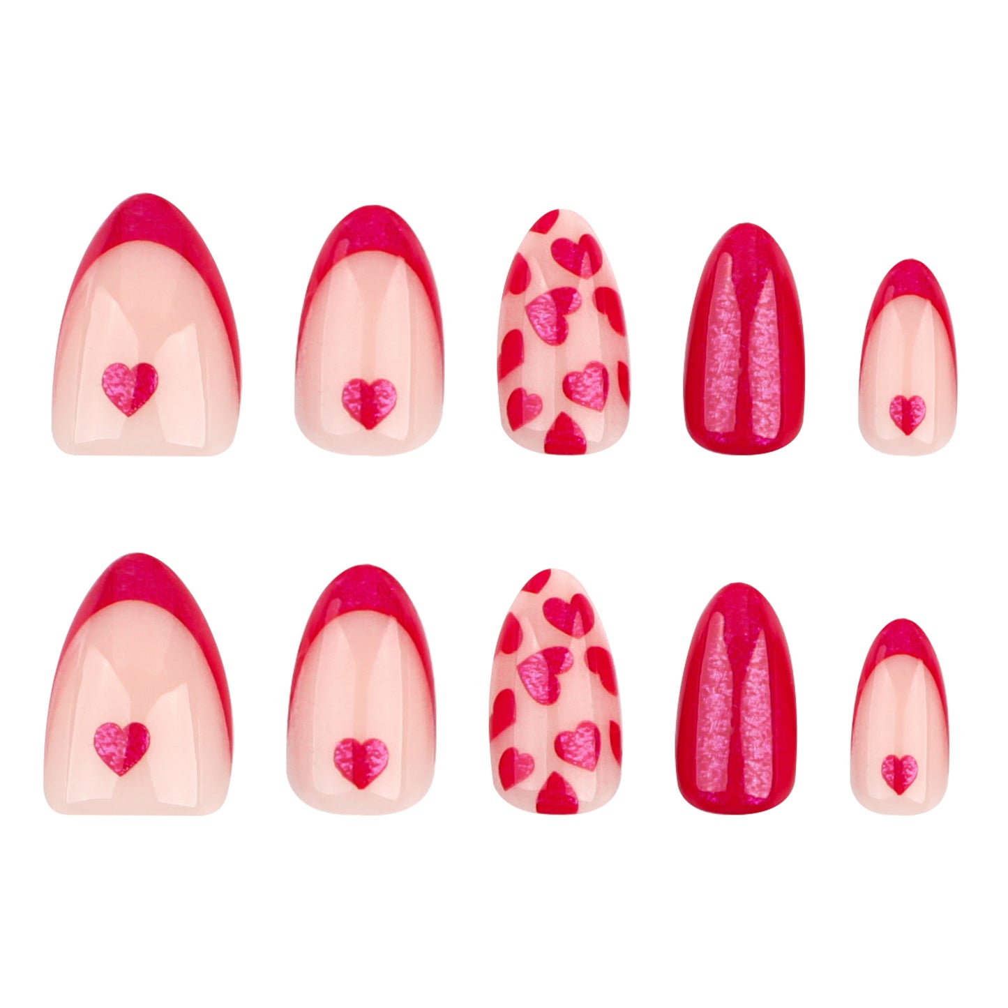 Romantic Heartfelt Clusters Short Almond and Short Oval Pink and Red with Dazzling Heart Designs Press-On Nail Set