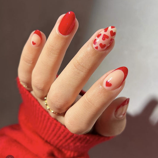 Romantic Red Heart Short Almond Shaped Press On Nail Set Long Glossy Red and Beige with Heart Patterns