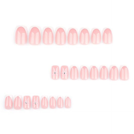 Charming Pastel Elegance Short Square Shaped Soft Pink Press On Nail Set with Delightful Bow Accents