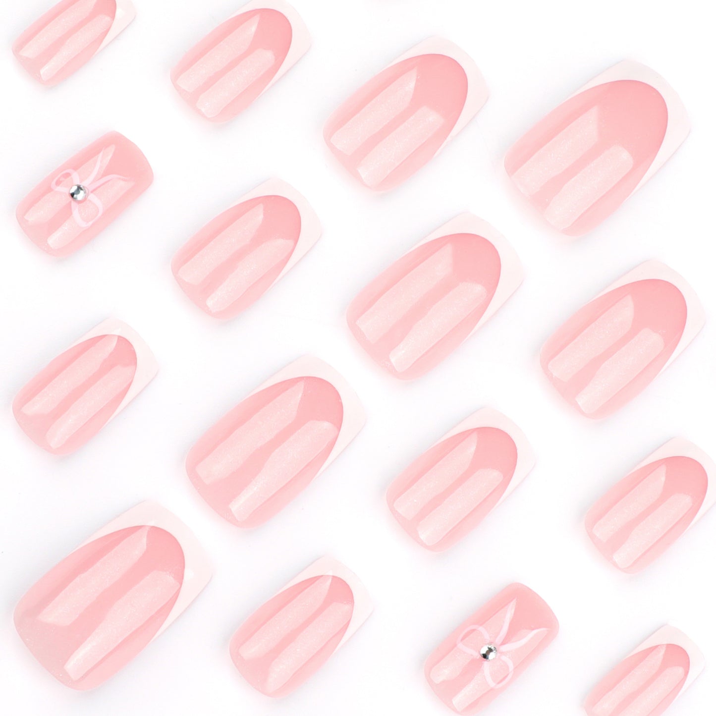 Whimsical Charm Short Square Pink Press On Nail Set with Decorative Bow Detail