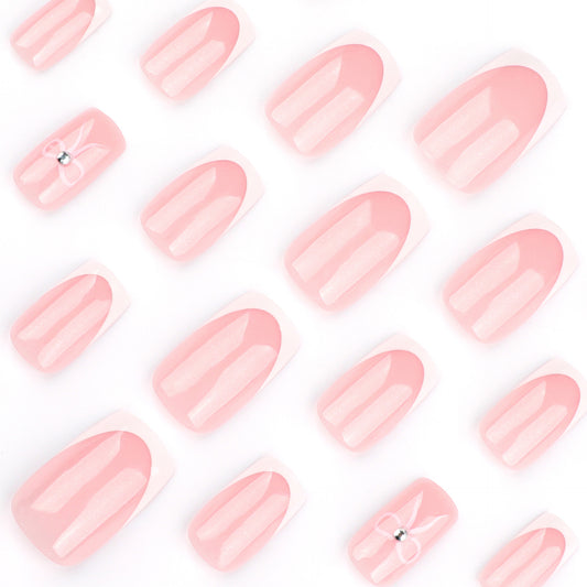 Whimsical Charm Short Square Pink Press On Nail Set with Decorative Bow Detail