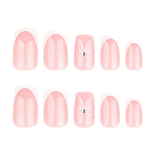 Charming Elegance Short Square Soft Pink with Dazzling Bow Accent Press-On Nail Set