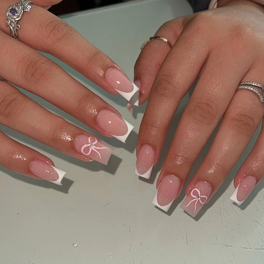 Elegant Bow Inspired Medium Square Pink and White Press On Nail Set with Glitter Accents