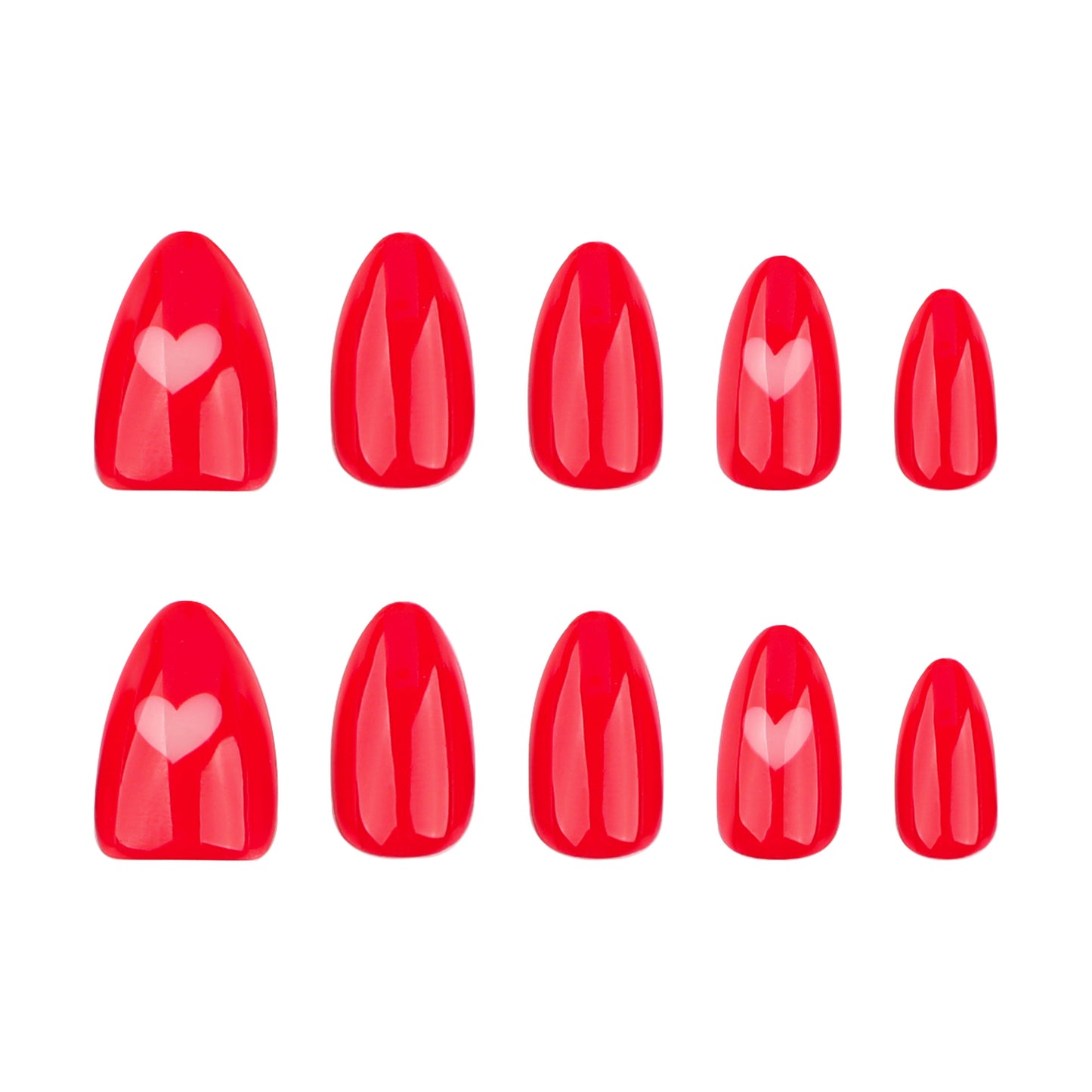 Romantic Radiance Short Almond Pointed Glossy Red Press On Nail Set with Love Heart Detail