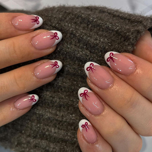 Charming Bow Inspired Short Round Shaped Beige Pink and White Nail Set with Delightful Ribbon Details