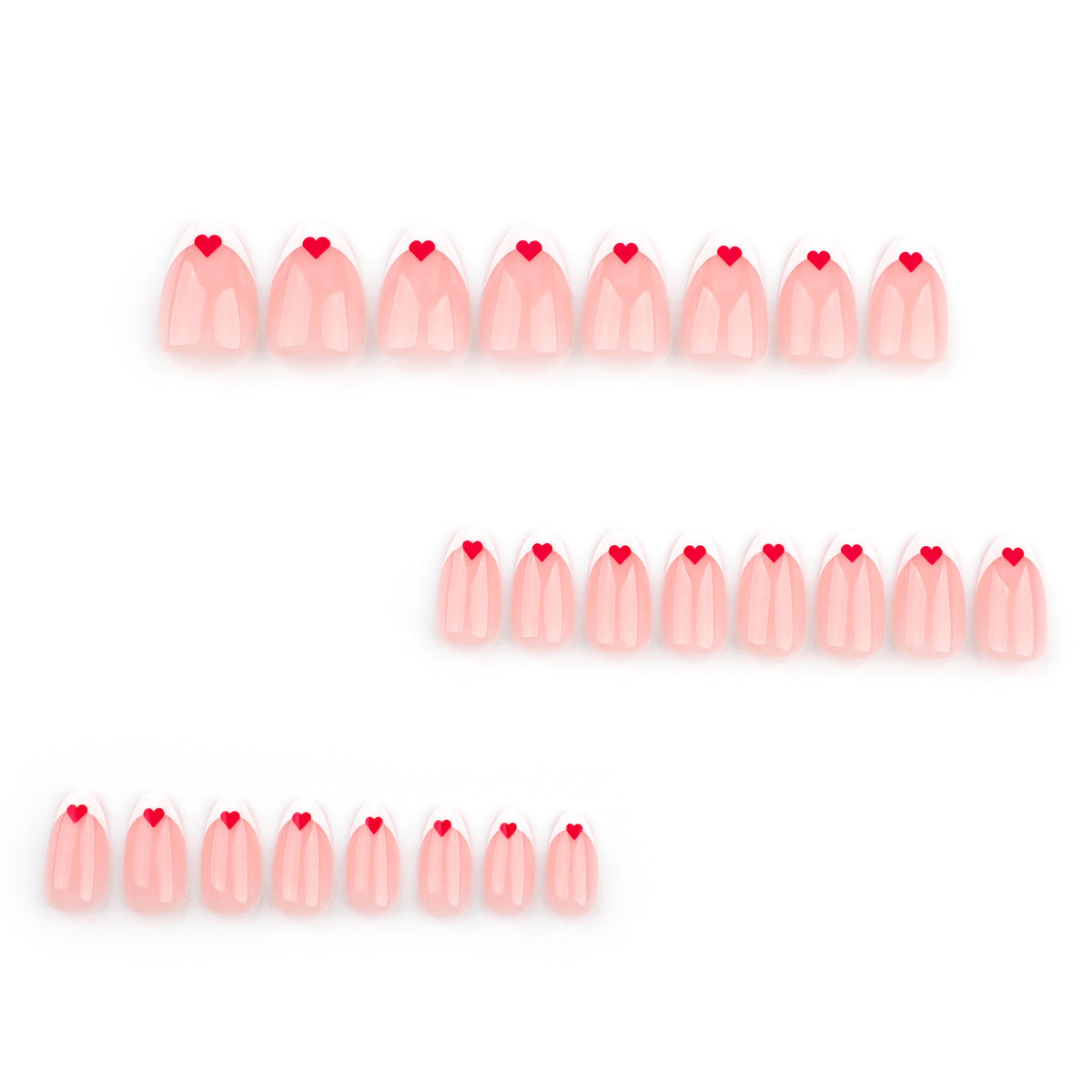 Romantic Love Inspired Press On Nail Set Short Almond Pink with Red Heart Accents