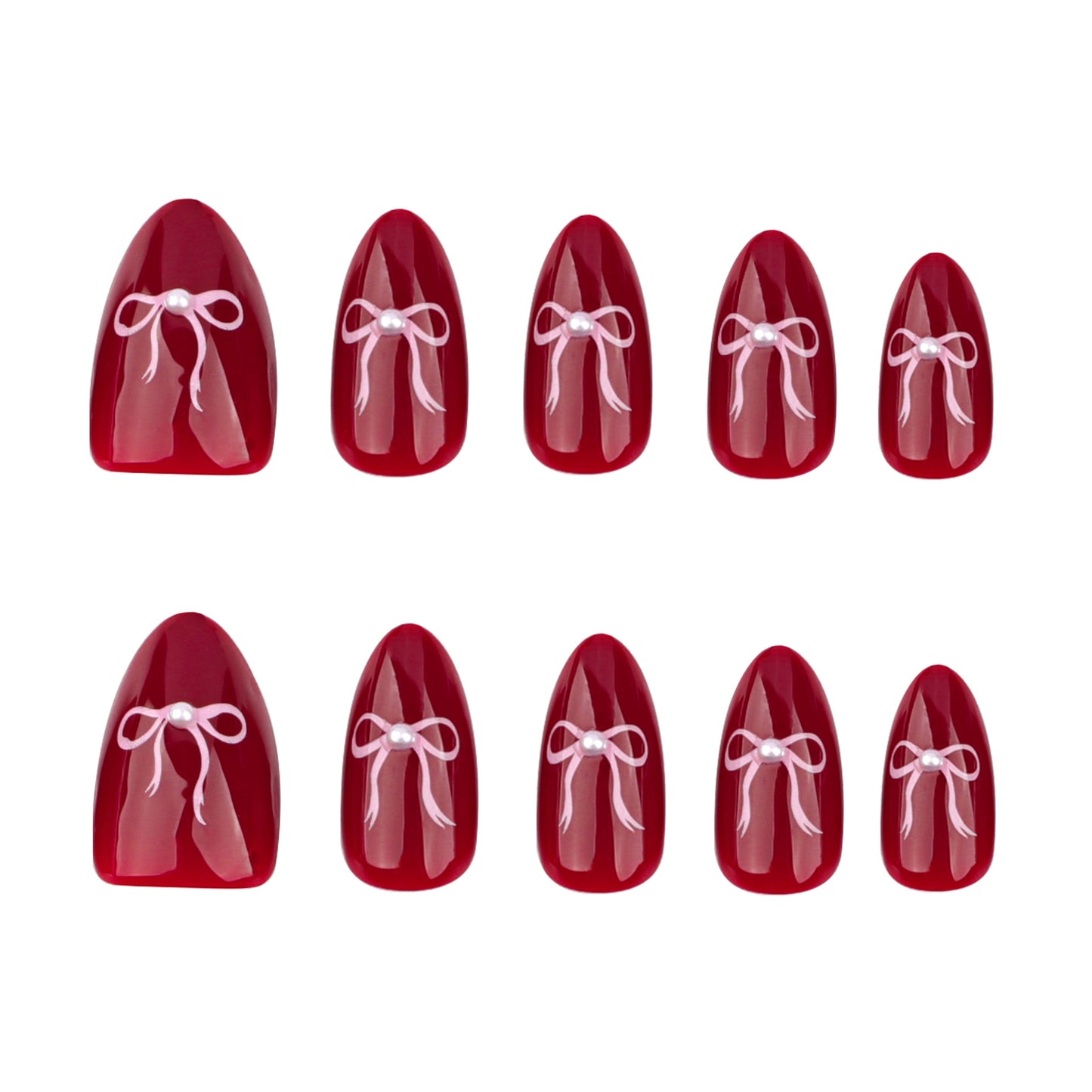 Charming Gift Theme Elegant Short Almond Shaped Glossy Burgundy Press on Nail Set with Delicate Ribbon Accents