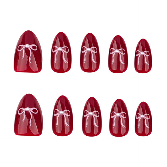 Charming Gift Theme Elegant Short Almond Shaped Glossy Burgundy Press on Nail Set with Delicate Ribbon Accents