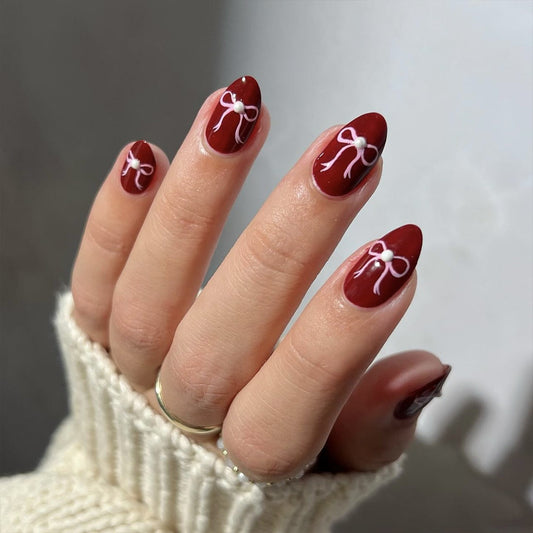 Charming Bow Inspired Press on Short Almond Shaped Burgundy Nails with Delicate Ribbon Design