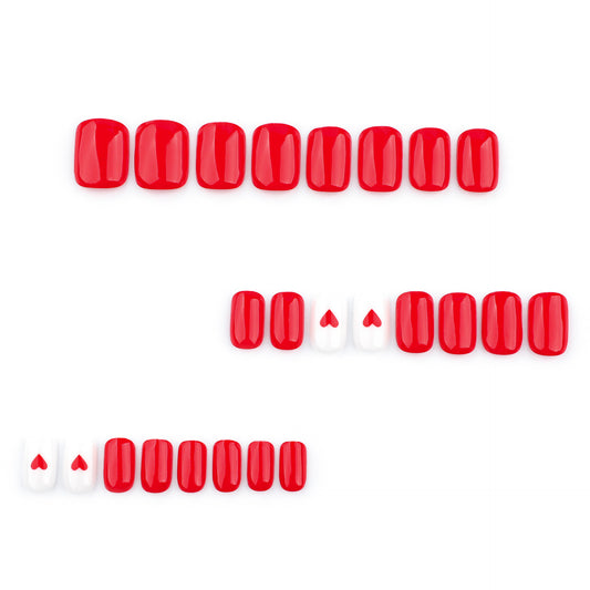 Romantic Chic Red Oval Nail Set Short Square Featuring Heart Accent Design