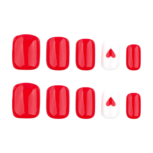 Romantic Red Heart Themed Press On Nail Set Short Square Glossy Red and White with Heart Design