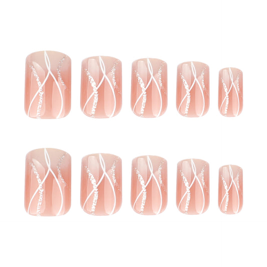 Blushing Elegance Short Square Pink Press On Nails with Delicate White Swirl Design