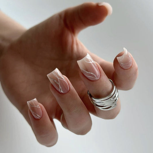 Elegant Serenity Square Long Clear Nails with Silver Swirl Design