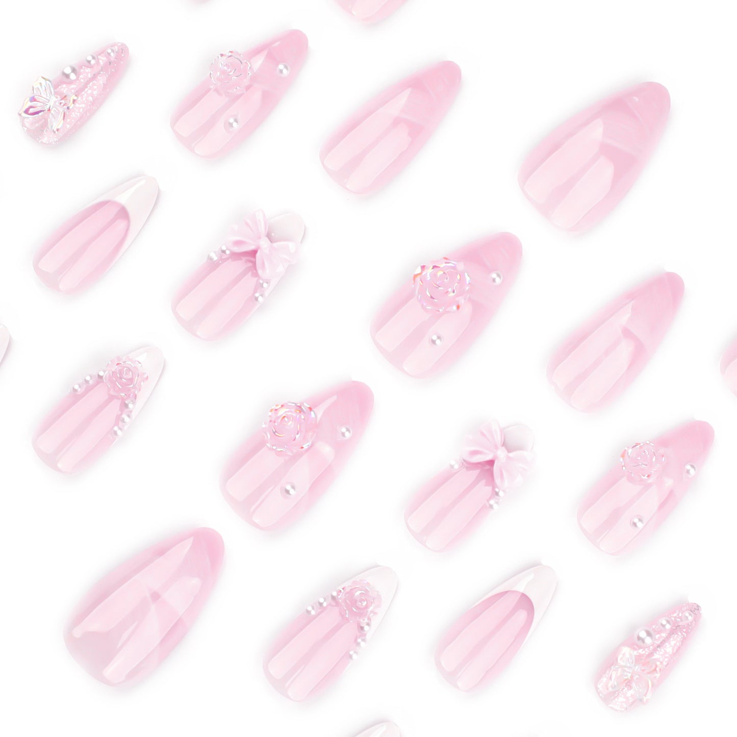 Blossom Fantasy Lengthy Short Almond Pink Press On Nail Set with Floral and Pearls Accents